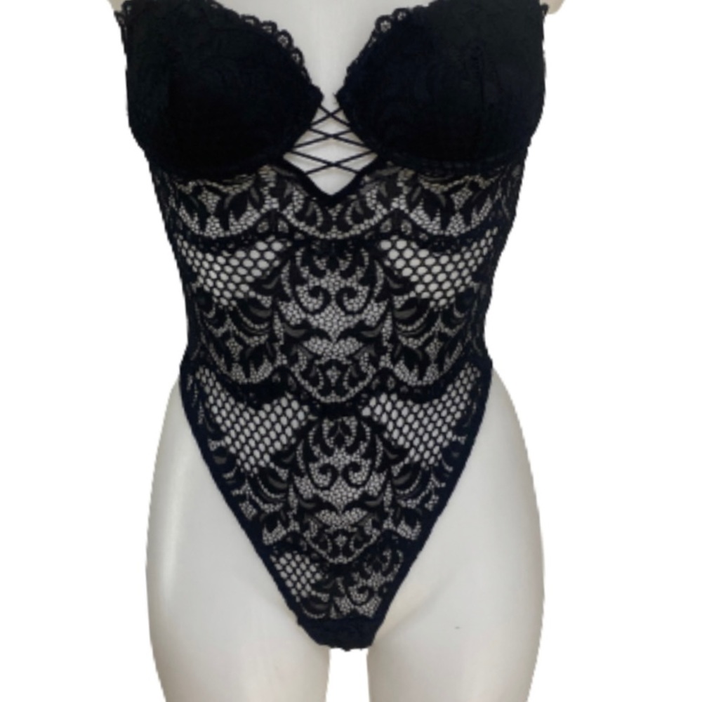 La Senza Ultra Sexy Unlined Push Up Bra Black Lace BodySuit XS - Picture 3 of 15